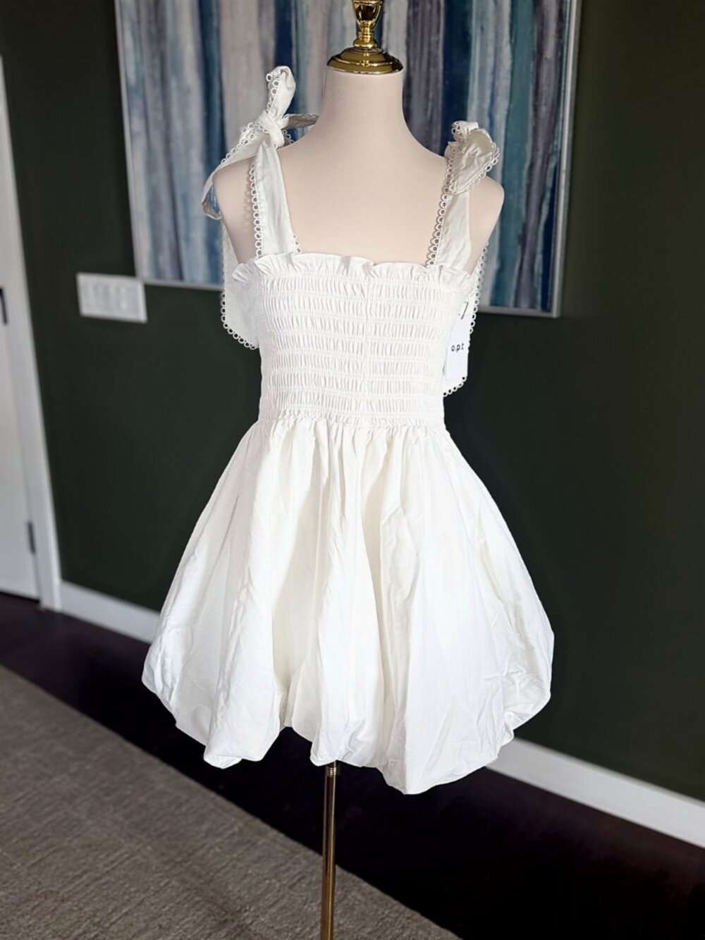 o.p.t White Eyelet Smocked Bubble Dress Tie Strap Mini Size XL NWT